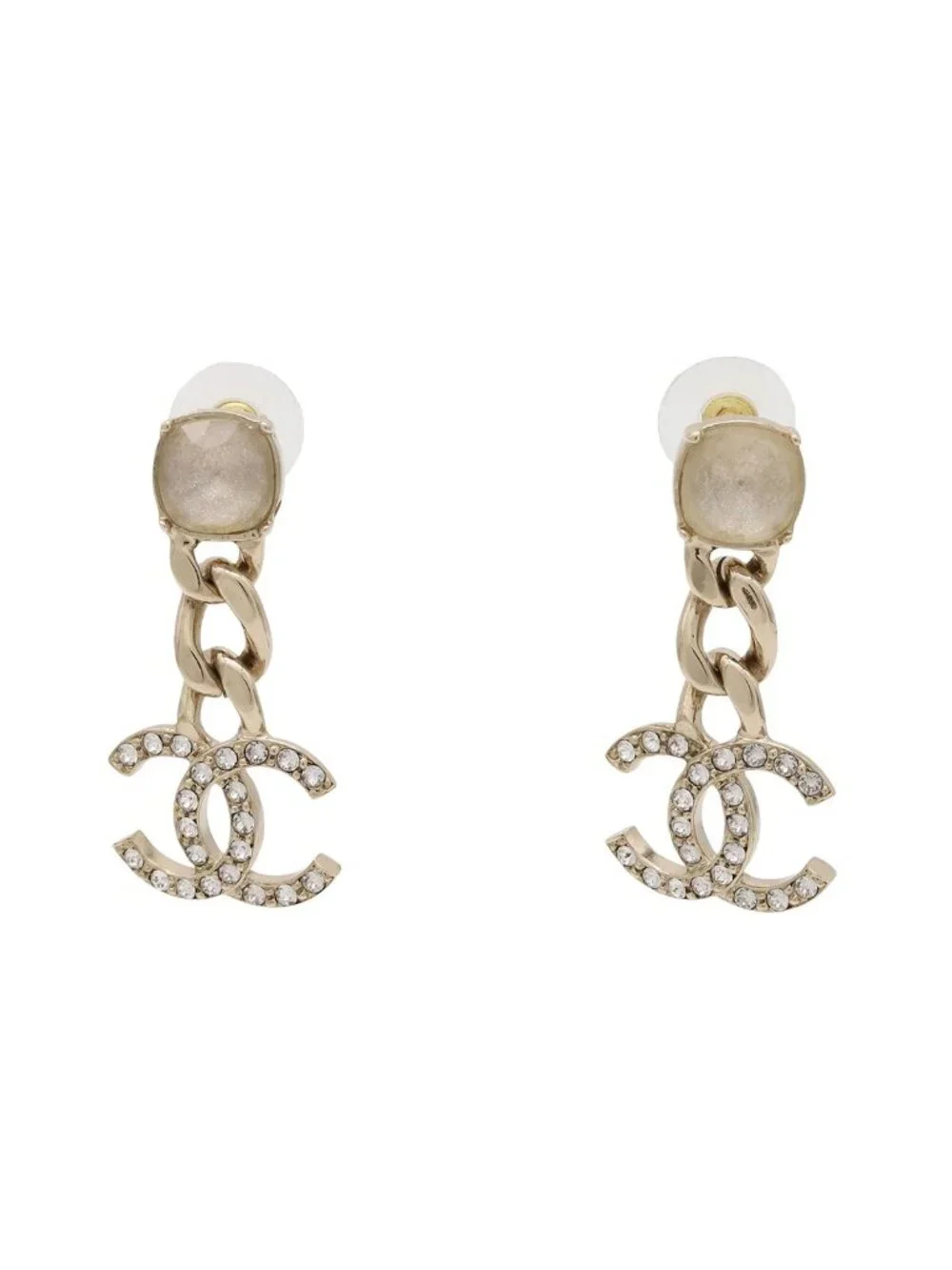 Chanel CC Logo Chain Swing Earrings Crystal Rhinestone Gold
